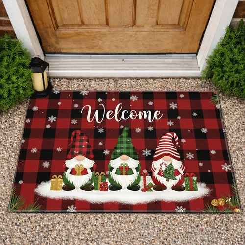 Welcome Christmas Gnomes Buffalo Plaid - Farmhouse Holiday Decor Doormat