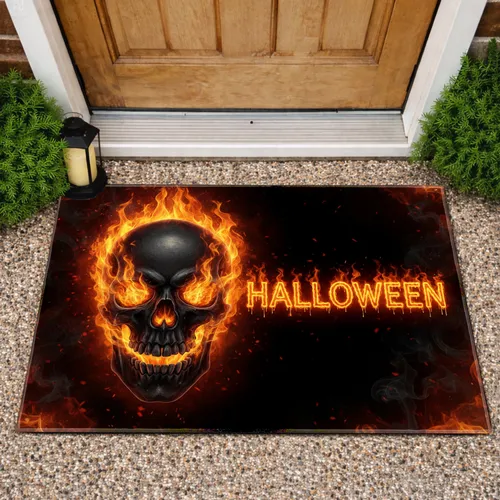 Orange Yellow Flame Menacing Black Skull Halloween Text - Halloween Party Decor Doormat