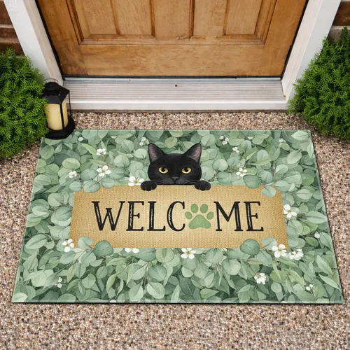 Black Cat Welcome Eucalyptus - Farmhouse Home Decor Gift for Cat Lover Doormat