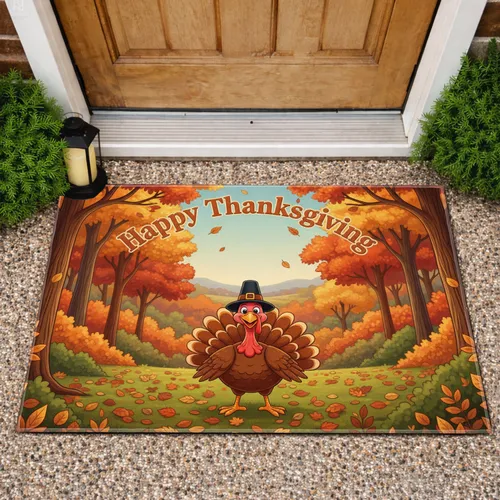 Happy Thanksgiving Turkey Pilgrim Hat - Fall Decor for Holiday Gatherings Doormat