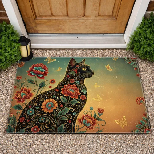 Black Cat Garden Flowers Golden Butterflies Vines - Home Decor Gift for Cat Lover & Homeowner Doormat