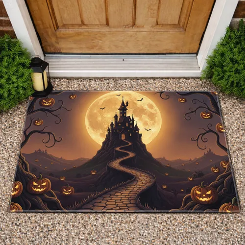 Haunted Castle Full Moon Jack-o'-lantern Bats Twisted Trees Halloween Home Decor Doormat