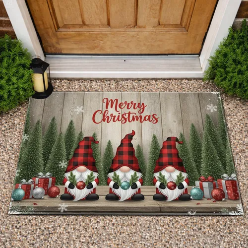 Buffalo Plaid Christmas Gnomes Merry Christmas - Holiday Home Decor Gift for Gnome Lover Doormat