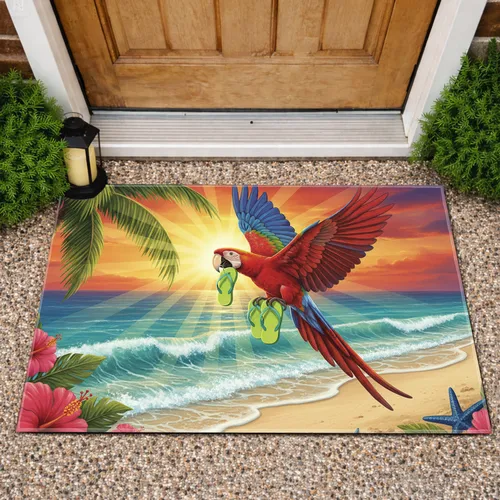 Scarlet Macaw Flip Flops Beach Scene - Tropical Home Decor Gift Doormat