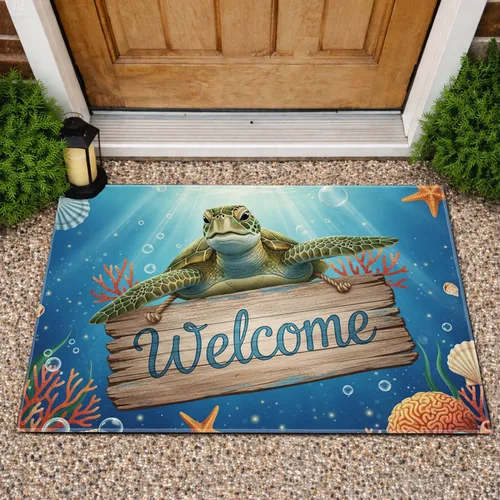 Sea Turtle Welcome Sign Coral Starfish - Coastal Entryway Decor for Ocean Lover Doormat