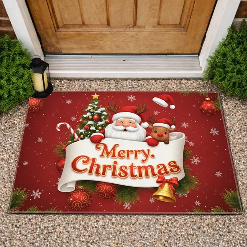 Santa Reindeer Merry Christmas Banner - Festive Holiday Decor Gift Doormat