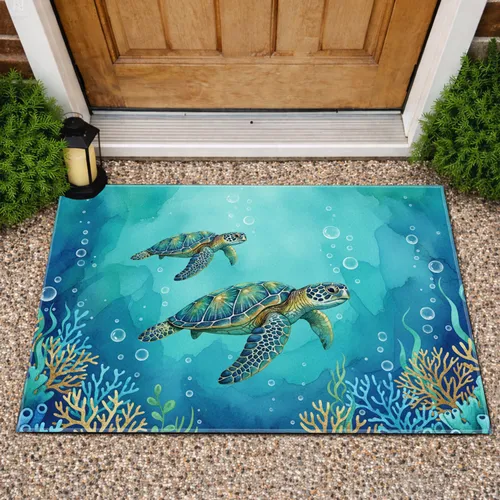 Two Sea Turtles Ocean Coral Seaweed Bubbles - Coastal Home Decor Gift for Ocean Lover Doormat