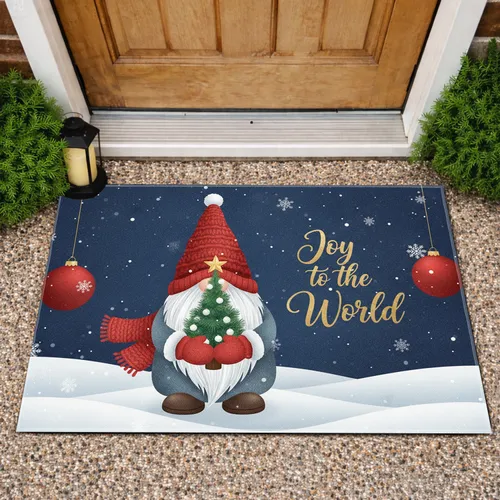 Christmas Gnome Evergreen Tree Joy to the World - Holiday Home Decor Gift Doormat
