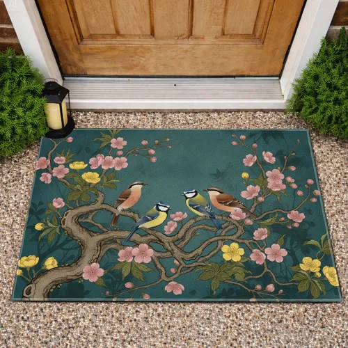 Four Songbirds Cherry Blossoms Tree Branches - Wildlife Lover Gift Doormat