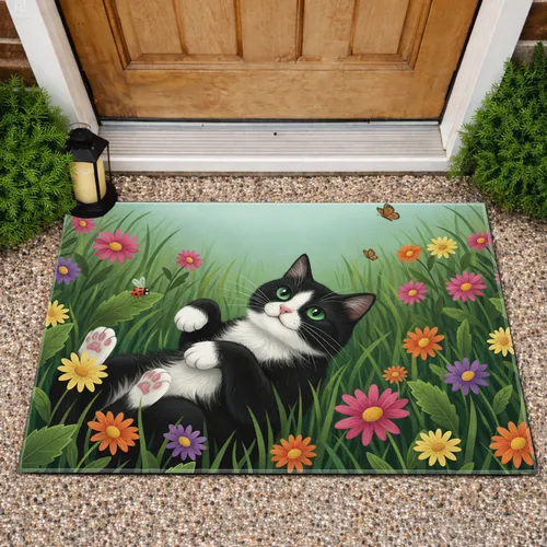 Tuxedo Cat Daisy Meadow Butterflies - Spring Home Decor Gift for Cat Lovers Doormat