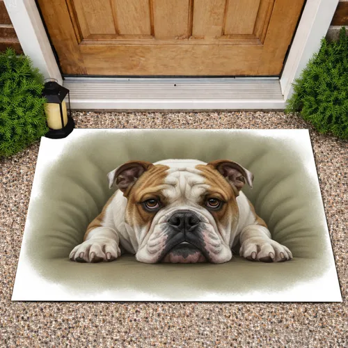 Brindle English Bulldog Resting Earthy Green Textured Background - Home Decor Gift for Dog Lovers Doormat