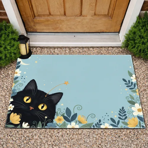 Fluffy Black Cat Star Antenna, Floral Moon - Home Decor Gift for Cat Lover Doormat