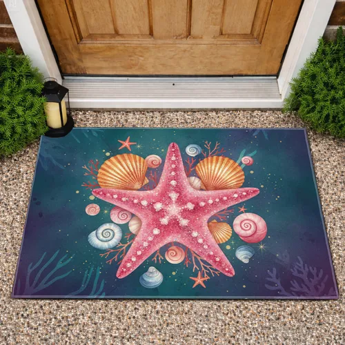 Vibrant Pink Starfish Golden Scallop Shell Coral - Home Decor Gift Doormat