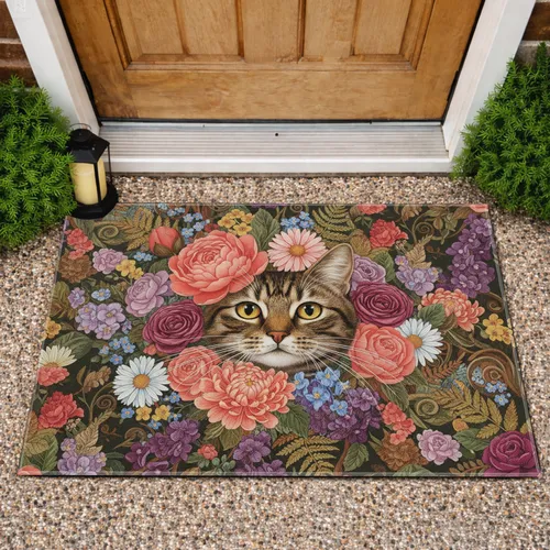 Tabby Cat Floral Wreath - Home Decor Gift for Cat Lover Doormat