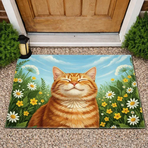 Content Orange Tabby Cat Sunny Wildflower Garden - Home Decor Gift for Cat Lover Doormat