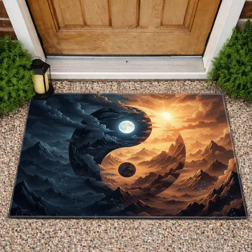 Yin Yang Night Sky Full Moon Sunrise Mountain Range - Home Decor Gift Doormat