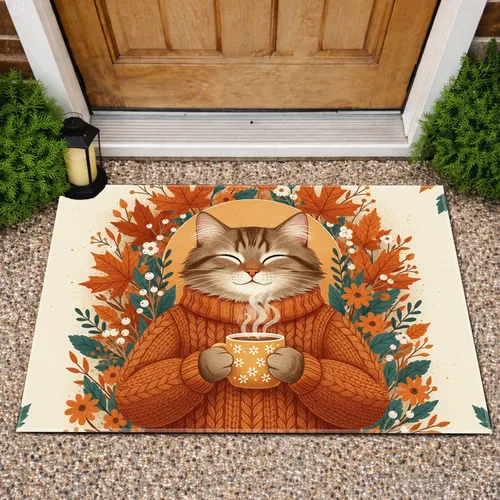 Fluffy Tabby Cat Sweater Mug Autumn Leaves - Fall Home Decor Gift for Cat Lover Doormat