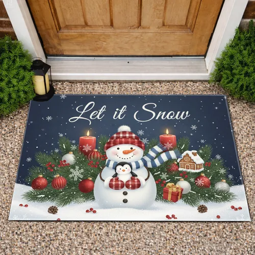Snowman Penguin Let it Snow Pine Trees - Christmas Holiday Decor Doormat