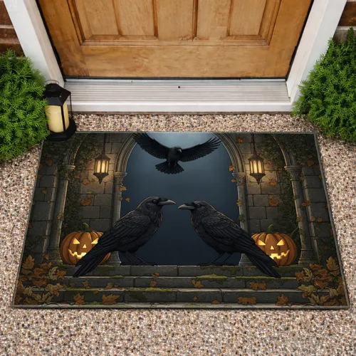 Crows Glowing Jack-o'-Lanterns Gothic Arch Autumn - Halloween Home Decor Doormat