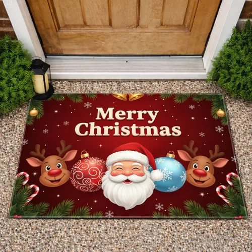 Merry Christmas Santa Reindeer Ornaments Pine Holly - Christmas Holiday Decor Doormat