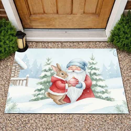 Santa Rabbit Christmas Ornament Snowy Forest - Christmas Home Decor Gift Doormat