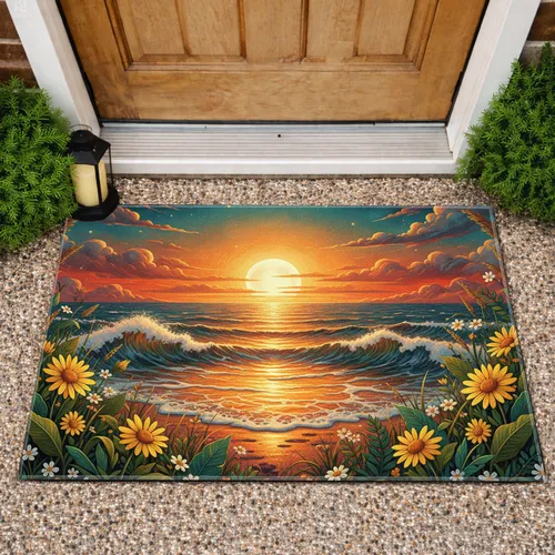 Golden Moonrise Ocean Waves Coastal Flowers - Home Decor Gift for Nature Lover Doormat