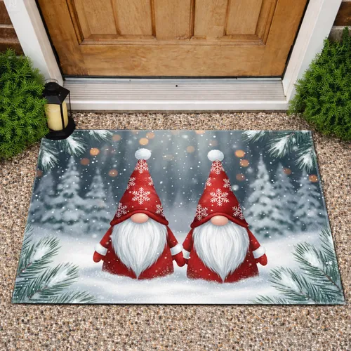 Christmas Gnomes Snowy Pine Forest Falling Snowflakes Twinkling Lights - Christmas Holiday Gift Doormat