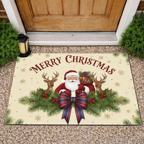Santa Claus Reindeer Merry Christmas Text Pine Boughs - Christmas Home Decor Doormat