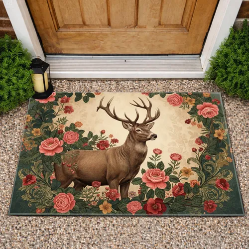 Majestic Stag Antler Deer Rose Floral Botanical - Wildlife Lover Home Decor Gift Doormat