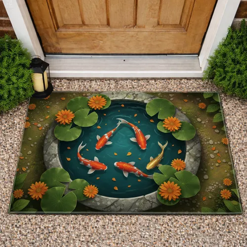 Asian Garden Koi Fish Lily Pads - Home Decor Gift for Garden Lover Doormat