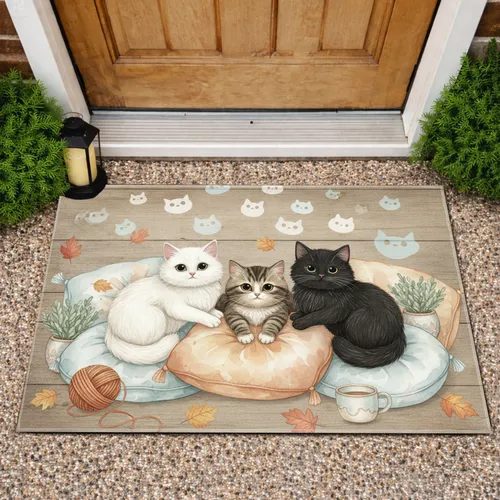 Cats Ghost Silhouettes Autumn Leaves Wooden Planks Home Decor Gift for Cat Lover Doormat