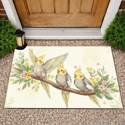 Watercolor Cockatiels Branch Foliage - Bird Lover Home Decor Gift Doormat