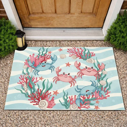 Cartoon Crabs Coral Starfish Ocean Scene - Home Decor Gift for Beach Lovers Doormat