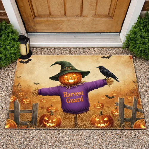 Harvest Guard Scarecrow Jack-o'-Lantern Crow Bats - Halloween Party Decor Doormat