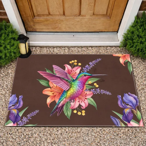 Hummingbird Iris Lily Flowers Garden - Home Decor Gift for Nature Lovers Doormat
