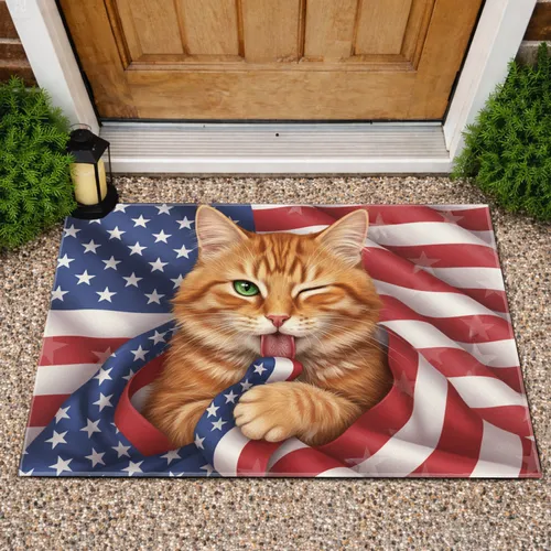 Ginger Tabby Cat Winking American Flag Ribbon - Patriotic Home Decor Gift for Veterans Doormat