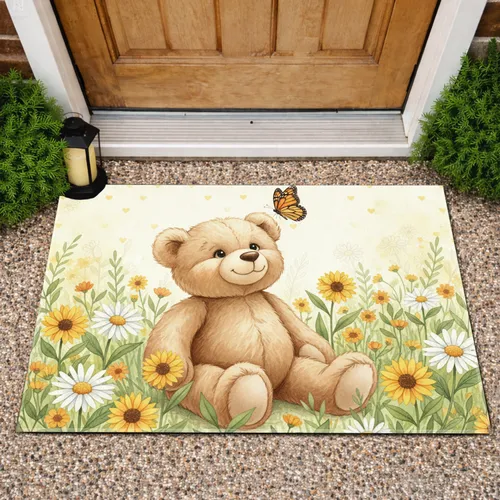 Fluffy Teddy Bear Butterfly Daisy Sunflower Wildflower Meadow - Home Decor Gift Doormat