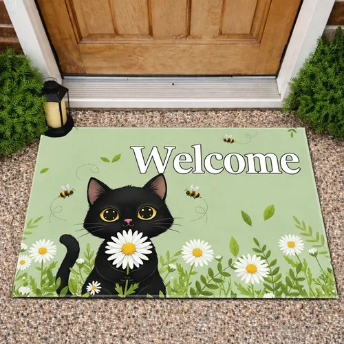 Welcome Black Cat Daisies Bumblebee Floral - Garden Home Decor Gift for Cat Lovers Doormat