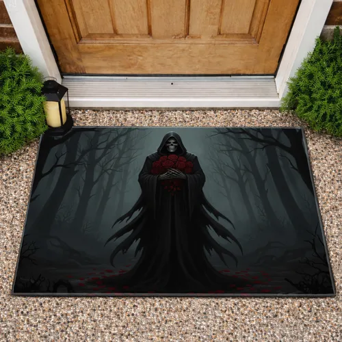 Gothic Grim Reaper Skeletal Hooded Cloak Red Roses Dark Forest Home Decor Gift Doormat