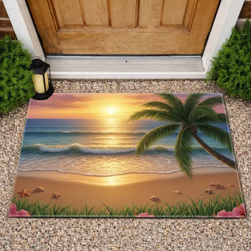 Palm Tree Beach Sunset Tropical Ocean Scene - Home Decor Gift for Beach Lover Doormat