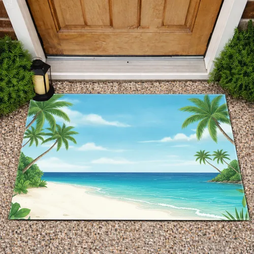 Pristine Tropical Beach White Sand Turquoise Ocean Coconut Palm Trees - Home Decor Gift Doormat