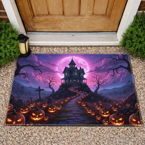 Moonlit Haunted House Jack-o'-Lanterns - Spooky Halloween Decor Doormat