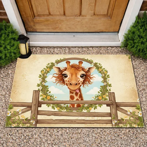 Giraffe Rustic Fence Daisy Flowers - Farmhouse Home Decor Gift for Animal Lovers Doormat