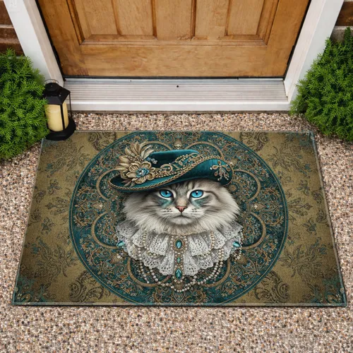 Fluffy Cat Jeweled Hat Paisley Mandala - Luxury Home Decor Gift for Cat Lover Doormat
