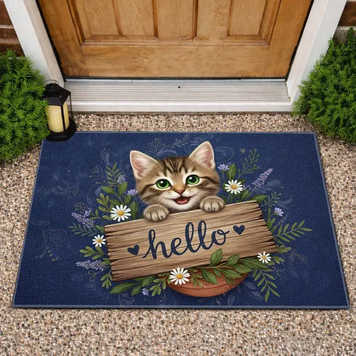 Tabby Kitten Hello Sign Rustic Botanical - Home Decor Gift for Cat Lover Doormat