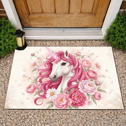 White Unicorn Pink Peonies Wildflowers - Home Decor Gift for Unicorn Lover Doormat