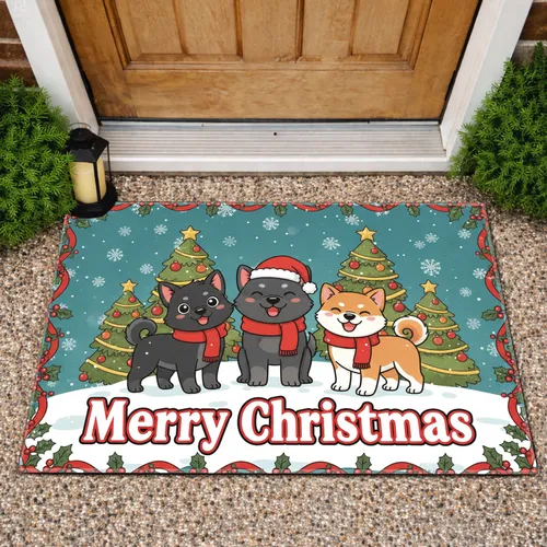 Three Dogs Christmas Snow Scene Merry Christmas Holiday Gift for Dog Lover Doormat