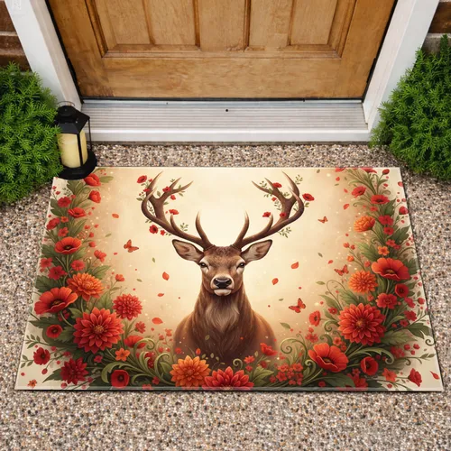 Stag Red Orange Flowers Antlers Butterflies - Wildlife Lover Gift Doormat