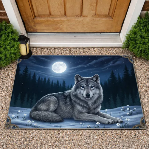 Grey Wolf Winter Moon Pine Tree - Wildlife Lover Gift Doormat
