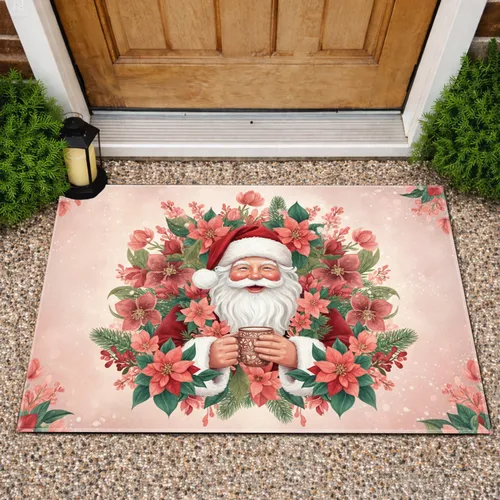 Rosy Cheeks Santa Claus Lush Floral Garland Mug - Christmas Home Decor Gift Doormat